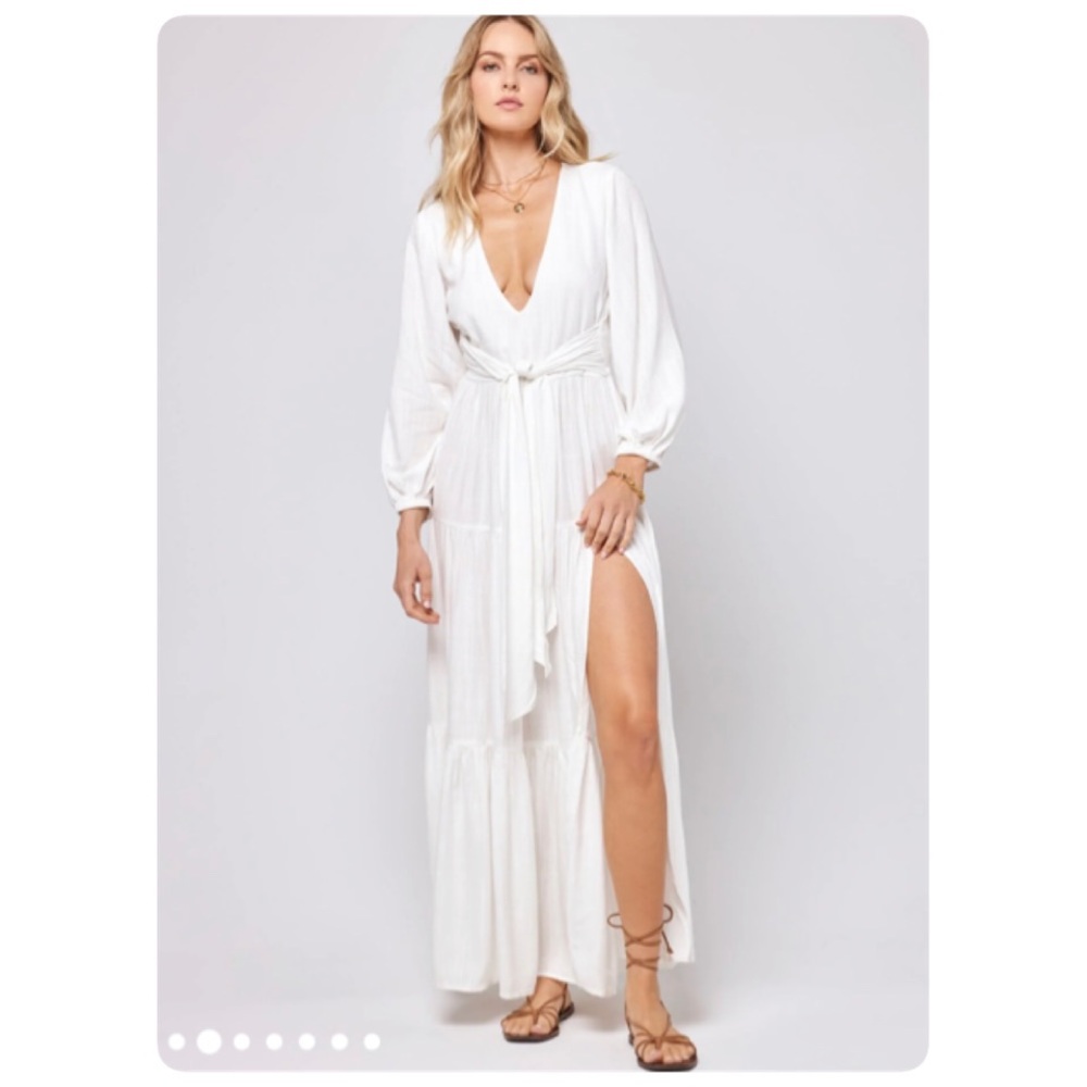 NWT, L*Space Hanna V-Neck Maxi Tie-Waist Dress with Slit in White, XL